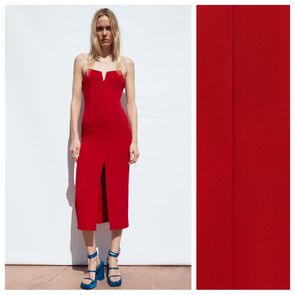 NWT. Zara Red Slip Midi Dress with Pearl Straps. Size XS.